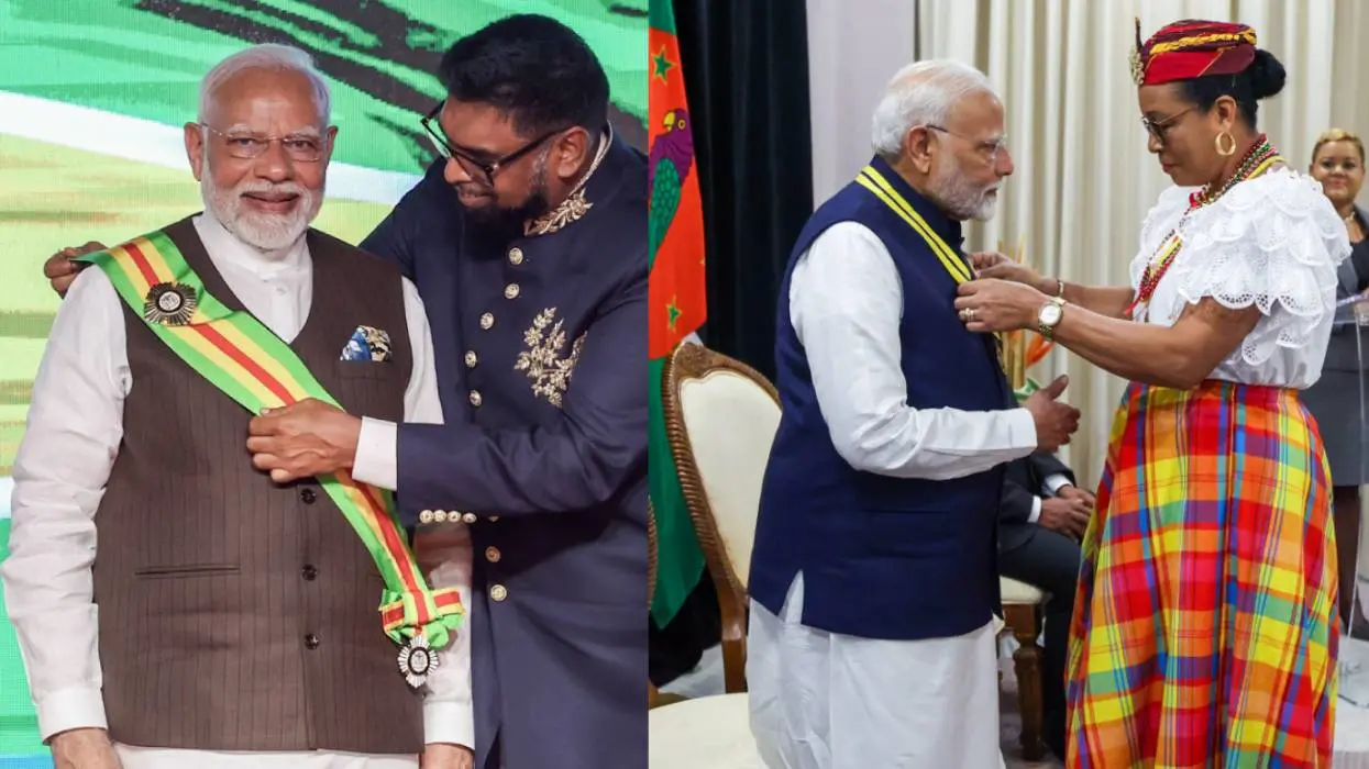 ഗയാന പ്രസിഡന്റ് മുഹമ്മദ് ഇര്ഫാന് അലി, ഡൊമിനിക്കയുടെ പ്രസിഡന്റ് സില്വാനി ബര്ട്ടന് എന്നിവര് മോദിയെ ആദരിക്കുന്നു | Photo : ANI