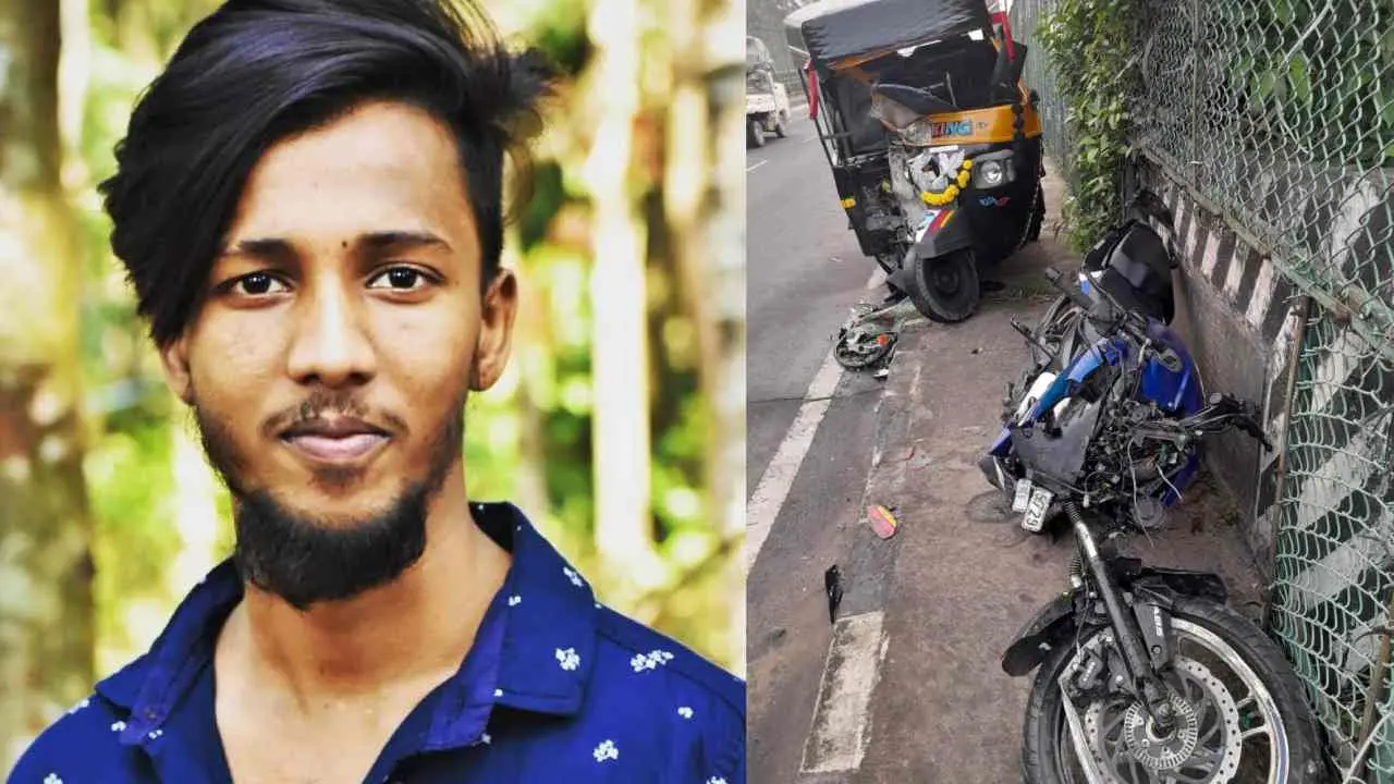 മരിച്ച ദില്ഷാന്ത് ,അപകടത്തില് തകര്ന്ന ബൈക്കും ഇടിച്ച ഓട്ടോറിക്ഷയും