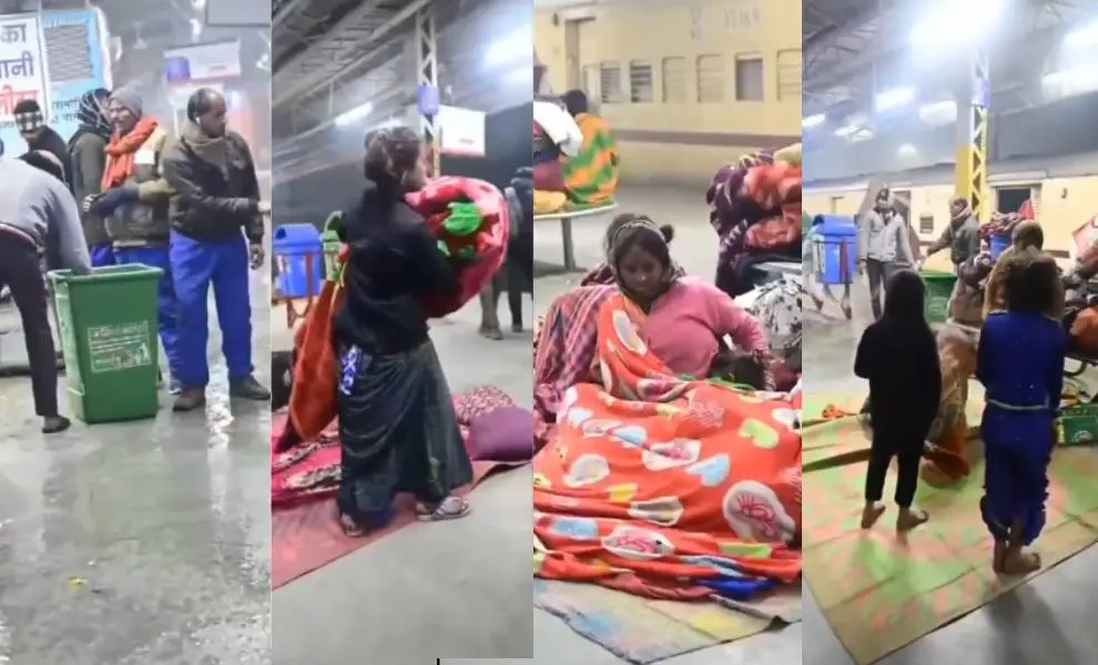 സ്റ്റേഷനില് ഉറങ്ങുന്നവരുടെ അരികിലേക്ക് വെള്ളം ഒഴിക്കുന്ന ശുചികരണ തൊഴിലാളികള്/Photo:https://x.com/Benarasiyaa