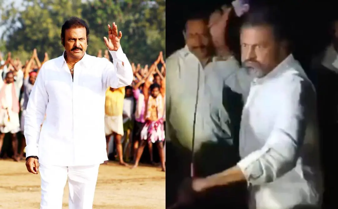 മോഹന് ബാബു(ഇടത്ത്, ഫയല്ചിത്രം) നടന് മാധ്യമപ്രവര്ത്തകനെ ആക്രമിക്കുന്ന ദൃശ്യം(വലത്ത്) | Photo: facebook.com/TheMohanBabu & x.com/TV69telugu