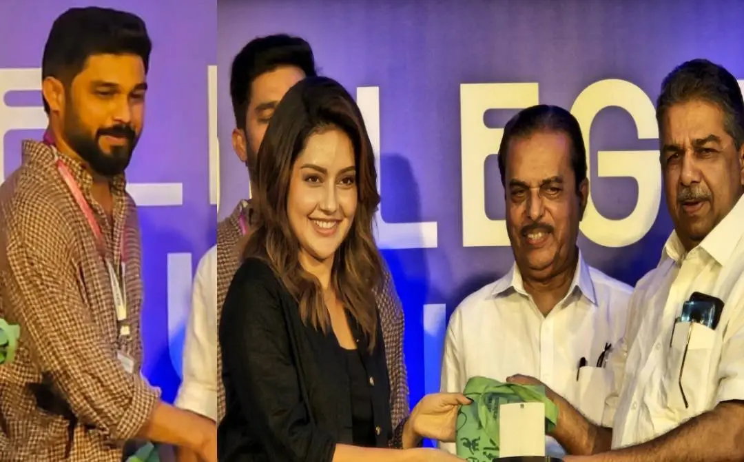 ഐ.എഫ്.എഫ്.കെ. ഡെലിഗേറ്റ് കിറ്റുകള്‍ ഷറഫുദ്ദീനും മഹിമ നമ്പ്യാരും മന്ത്രി സജി ചെറിയാനില്‍നിന്ന് ഏറ്റുവാങ്ങുന്നു