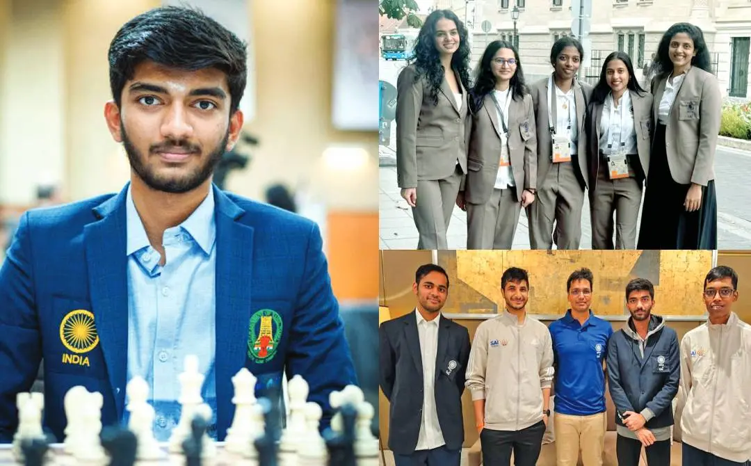 ഡി. ഗുകേഷ്(ഇടത്ത്) 2024-ലെ ചെസ് ഒളിമ്പ്യാഡില് സ്വര്ണം നേടിയ ഇന്ത്യന് ടീമംഗങ്ങള്(വലത്ത്) | ഫയല്ചിത്രം