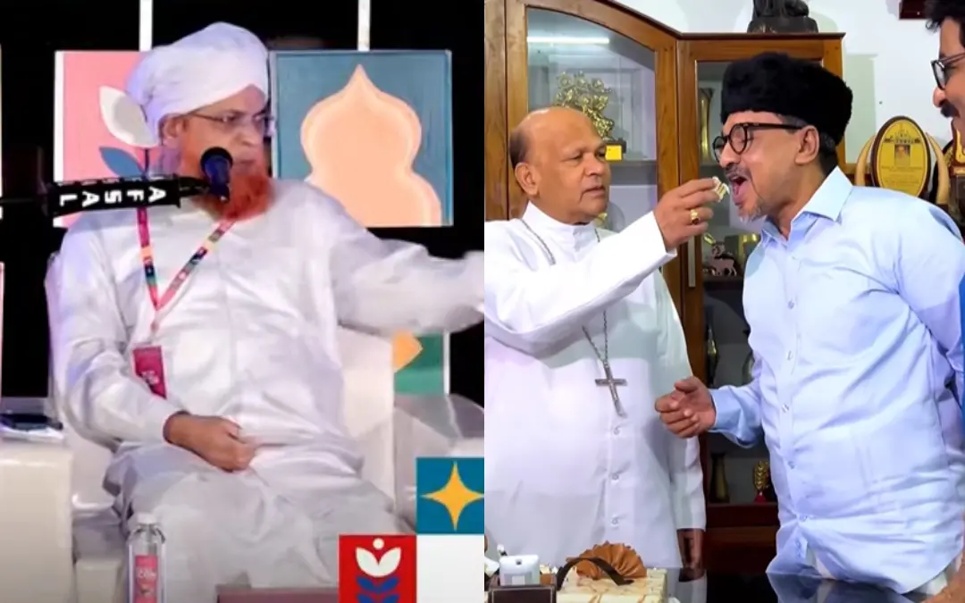 അബ്ദുള് ജലീല് സഖാഫി, സാദിഖലി തങ്ങള് ബിഷപ് വര്ഗീസ് ചക്കാലക്കലിനൊപ്പം | Photo: Screen grab/ Mathrubhumi News, Facebook/ Sadik Ali Shihab Thangal