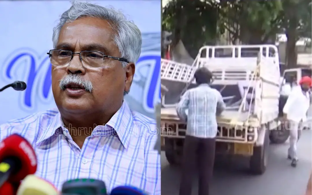 ബിനോയ് വിശ്വം, സെക്രട്ടേറിയറ്റിനുമുന്നിൽ റോഡിൽ സജ്ജീകരിച്ച സ്റ്റേജ് പൊളിച്ചുനീക്കിയപ്പോൾ | ഫോട്ടോ: അജിത് ശങ്കരൻ, സ്ക്രീൻഗ്രാബ് \ മാതൃഭൂമി