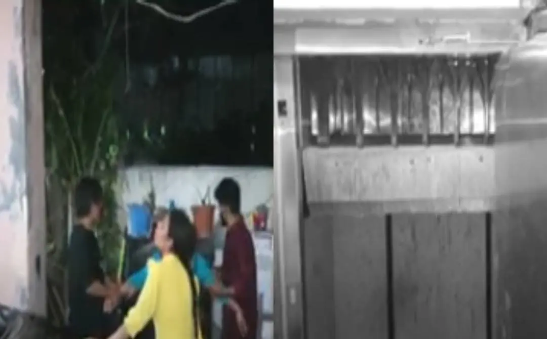 അപകടവിവരമറിഞ്ഞ് പൊട്ടിക്കരയുന്ന ബന്ധുക്കള്(ഇടത്ത്) അപകടം നടന്ന ലിഫ്റ്റ്(വലത്ത്) | Screengrab Courtesy: Youtube.com/Big Tv