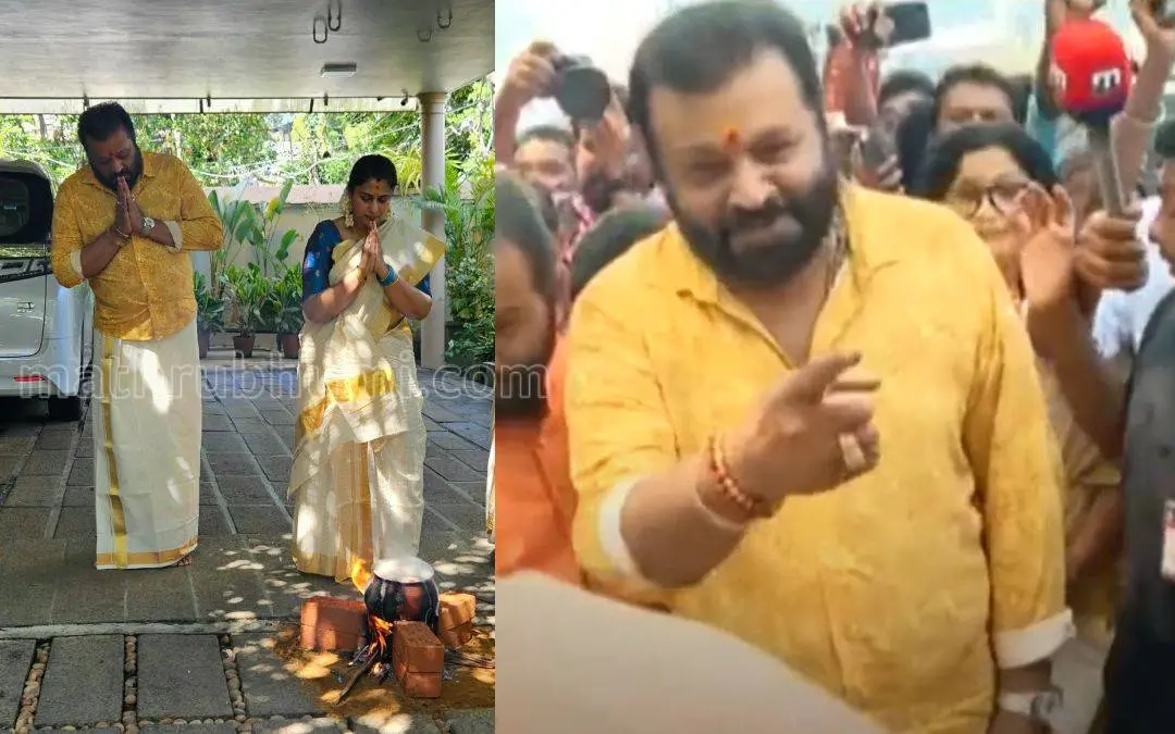 സുരേഷ് ഗോപി വീട്ടില് പൊങ്കാലയിടലിന്റെ ഭാഗമായപ്പോള്, ആശാ വര്ക്കര്മാരുടെ സമരപ്പന്തല് സന്ദര്ശിച്ചപ്പോള് | Photo: Mathrubhumi, Screen grab/ Mathrubhumi News