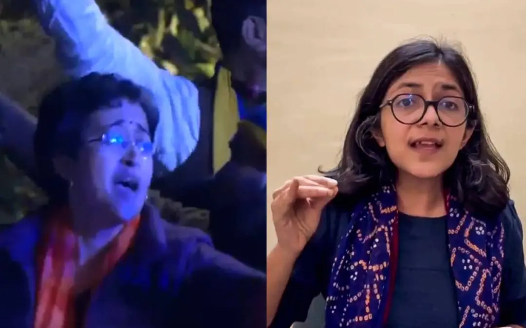 നൃത്തംചെയ്യുന്ന അതിഷി, സ്വാതി മലിവാള് | Photo: Screengrab/ANI, PTI