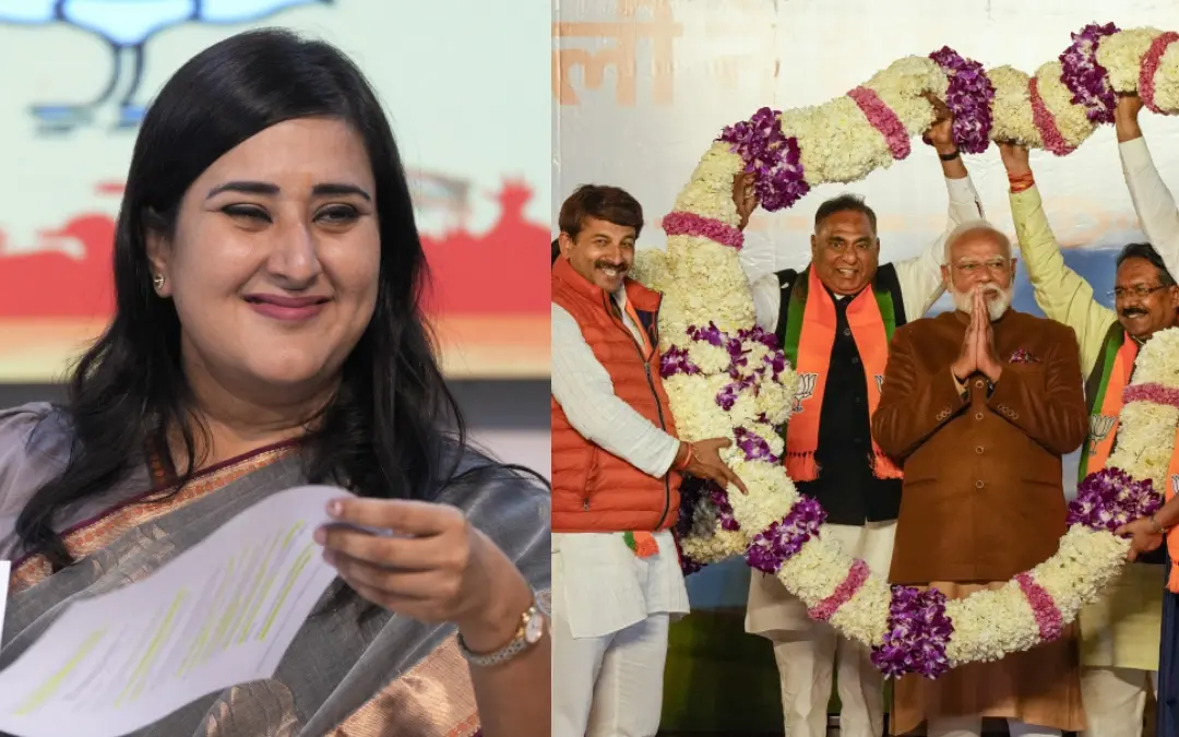 ബാംസുരി സ്വരാജ്, എം.പിമാരായ മനോജ് തിവാരിയും രംവീര്സിങ് ബിധുരിയും ഹര്ഷ് മല്ഹോത്രയും നരേന്ദ്രമോദിക്കൊപ്പം | Photo: PTI