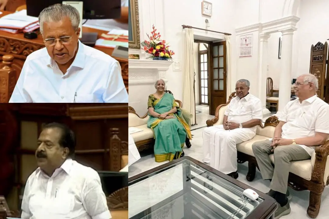 മുഖ്യമന്ത്രി പിണറായി വിജയന്, രമേശ് ചെന്നിത്തല; മുഖ്യമന്ത്രി കേന്ദ്ര മന്ത്രി നിര്മലാ സീതാരാമനുമായി കേരള ഹൗസില് നടത്തിയ കൂടിക്കാഴ്ചയുടെ ദൃശ്യം |ഫോട്ടോ:PTI,SABHATV