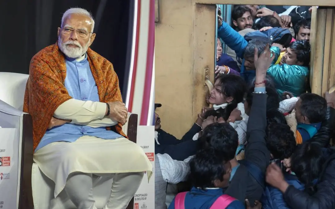 പ്രധാനമന്ത്രി നരേന്ദ്രമോദി, ഡൽഹി സ്റ്റേഷനിൽ ട്രെയിനിൽ കയറാനായി ഇന്ന് അനുഭവപ്പെട്ട തിരക്ക് | Photo: PTI