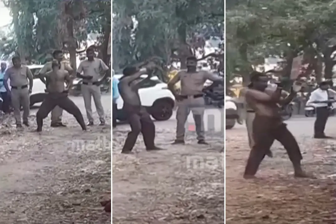 കോടതിവളപ്പിലെ പ്രതിയുടെ കരാട്ടെ അഭ്യാസപ്രകടനത്തിന്റെ ദൃശ്യങ്ങൾ | Photos: Screen Grabs / Mathrubhumi News