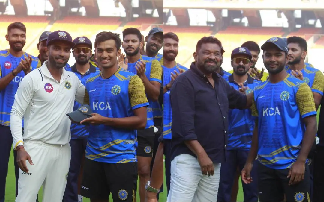 രഞ്ജിയില് കേരളത്തിനായി അരങ്ങേറ്റം കുറിച്ച വരുണ് നായനാര് ക്യാപ്റ്റന് സച്ചിന് ബേബിയില്നിന്നും അഹ്മദ് ഇമ്രാന്, ടീം മാനേജര് നാസര് മച്ചാനില്നിന്നും അരങ്ങേറ്റ ക്യാപ്പ് സ്വീകരിച്ച ശേഷം | Special arrangements