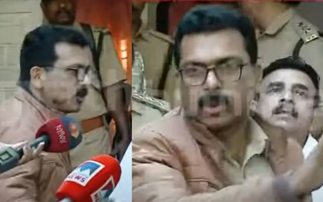 ഡി.എഫ്.ഒയുടെ വാര്ത്താ സമ്മേളനം തടയുന്ന എസ്.എച്ച്.ഒ അഗസ്റ്റിന്