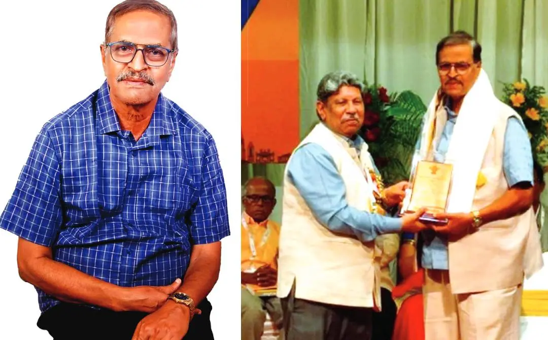 കെ.കെ. ഗംഗാധരൻ, മികച്ച വിവർത്തകനുള്ള കേന്ദ്ര സാഹിത്യ അക്കാദമി പുരസ്കാരം അക്കാദമി പ്രസിഡന്റ് മാധവ് കൗശിക്കിൽനിന്ന്  കെ.കെ. ഗംഗാധരൻ എറ്റുവാങ്ങുന്നു