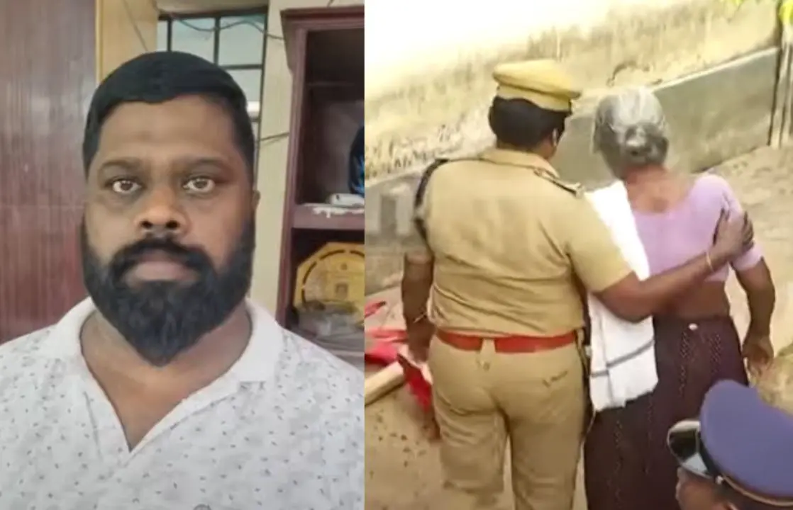 കൊല്ലപ്പെട്ട സന്തോഷ്, സന്തോഷിന്റെ അമ്മയെ ആശ്വസിപ്പിക്കുന്ന പോലീസ് ഉദ്യോഗസ്ഥ