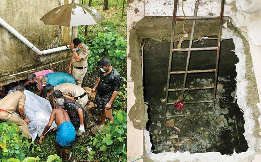 പോലീസും അഗ്നിരക്ഷാസേനയും നാട്ടുകാരും ചേര്ന്ന് ബിജുവിന്റെ മൃതദേഹം മാന്ഹോളില്നിന്ന് പുറത്തേക്ക് എത്തിക്കുന്നു, കൊല്ലപ്പെട്ട ബിജുവിന്റെ മൃതദേഹം കാണപ്പെട്ട മാന്ഹോാ. മുകള്ഭാഗം കോണ്ക്രീറ്റുകൊണ്ട് അടച്ചനിലയിലായിരുന്നു| ഫോട്ടോ: അജേഷ് ഇടിവെട്ടി