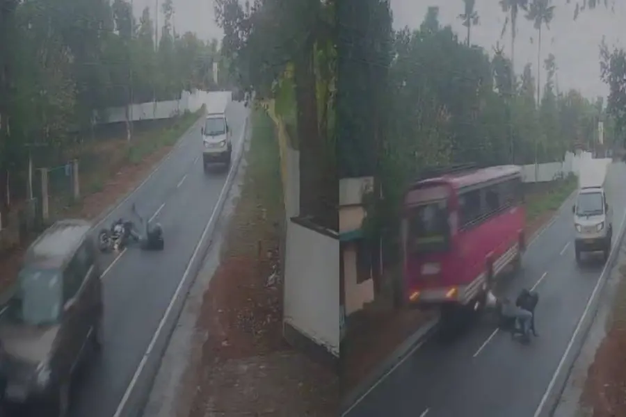 VIDEO | ബ്രേക്കിട്ട ബൈക്ക് തെന്നിമറിഞ്ഞു, ബസ് കയറിയിറങ്ങി; യാത്രക്കാരന് അത്ഭുതകരമായി രക്ഷപ്പെട്ടു