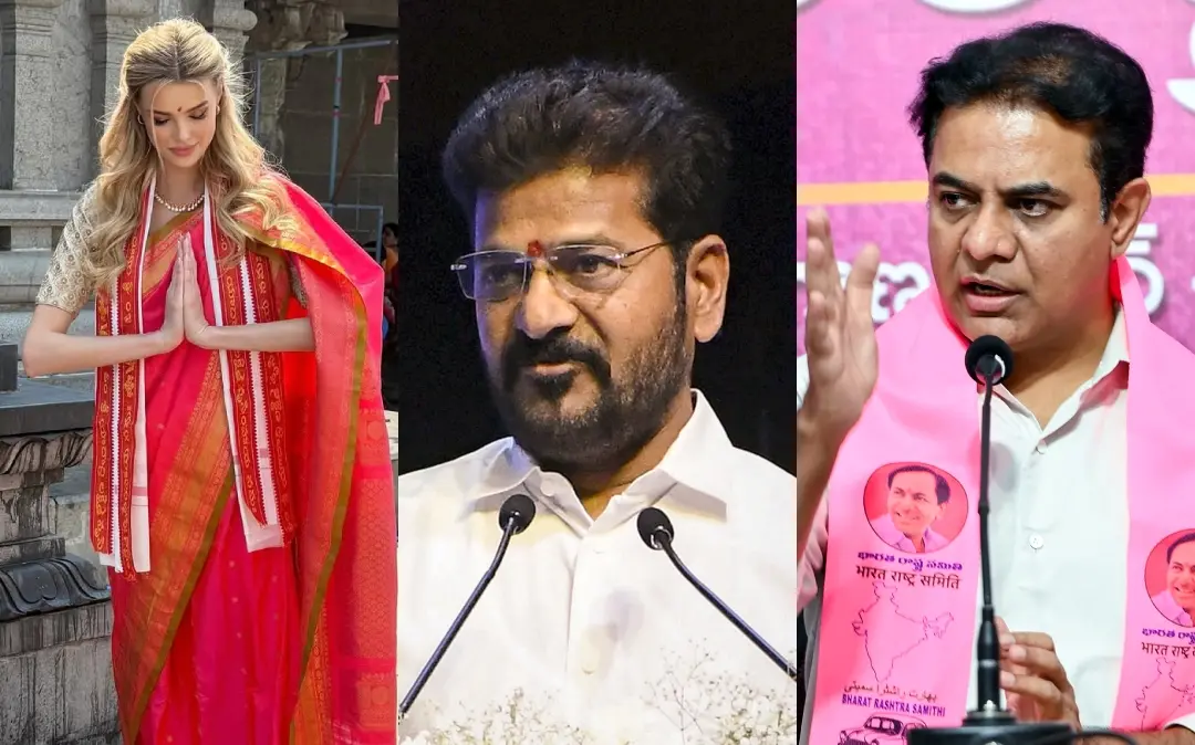 മിസ് വേൾഡ് മത്സരത്തിന്റെ ഭാഗമായി തെലങ്കാനയിലെത്തിയ നിലവിലെ മിസ് വേൾഡ് ചെക്ക് റിപ്പബ്ലിക്കിൽ നിന്നുള്ള ക്രിസ്റ്റിന പിസ്കോവ ക്ഷേത്ര സന്ദർശനത്തിനിടെ, തെലങ്കാന മുഖ്യമന്ത്രി രേവന്ത് റെഡ്ഡി, ബിആർഎസ് നേതാവ് കെ.ടി.ആർ | Photos: instagram, PTI, ANI