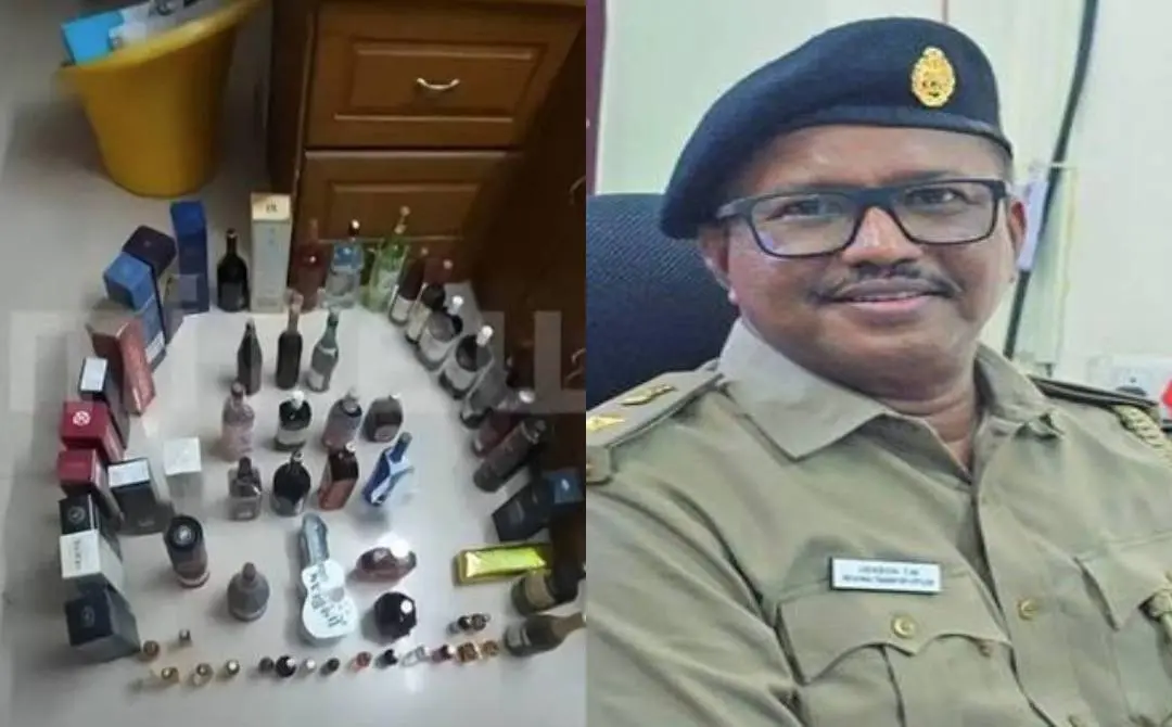 ആര്‍.ടി.ഒ.യുടെ വീട്ടില്‍നിന്ന് കണ്ടെടുത്ത മദ്യക്കുപ്പികള്‍(ഇടത്ത്) ആര്‍.ടി.ഒ. ജേഴ്‌സണ്‍(വലത്ത്) | ഫയല്‍ചിത്രം