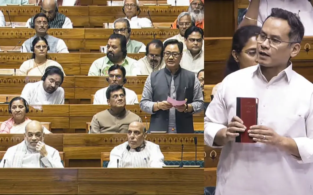 കിരണ് റിജിജു സഭയില് സംസാരിക്കുന്നു, ഗൗരവ് ഗൊഗോയി | Photo: ANI, PTI
