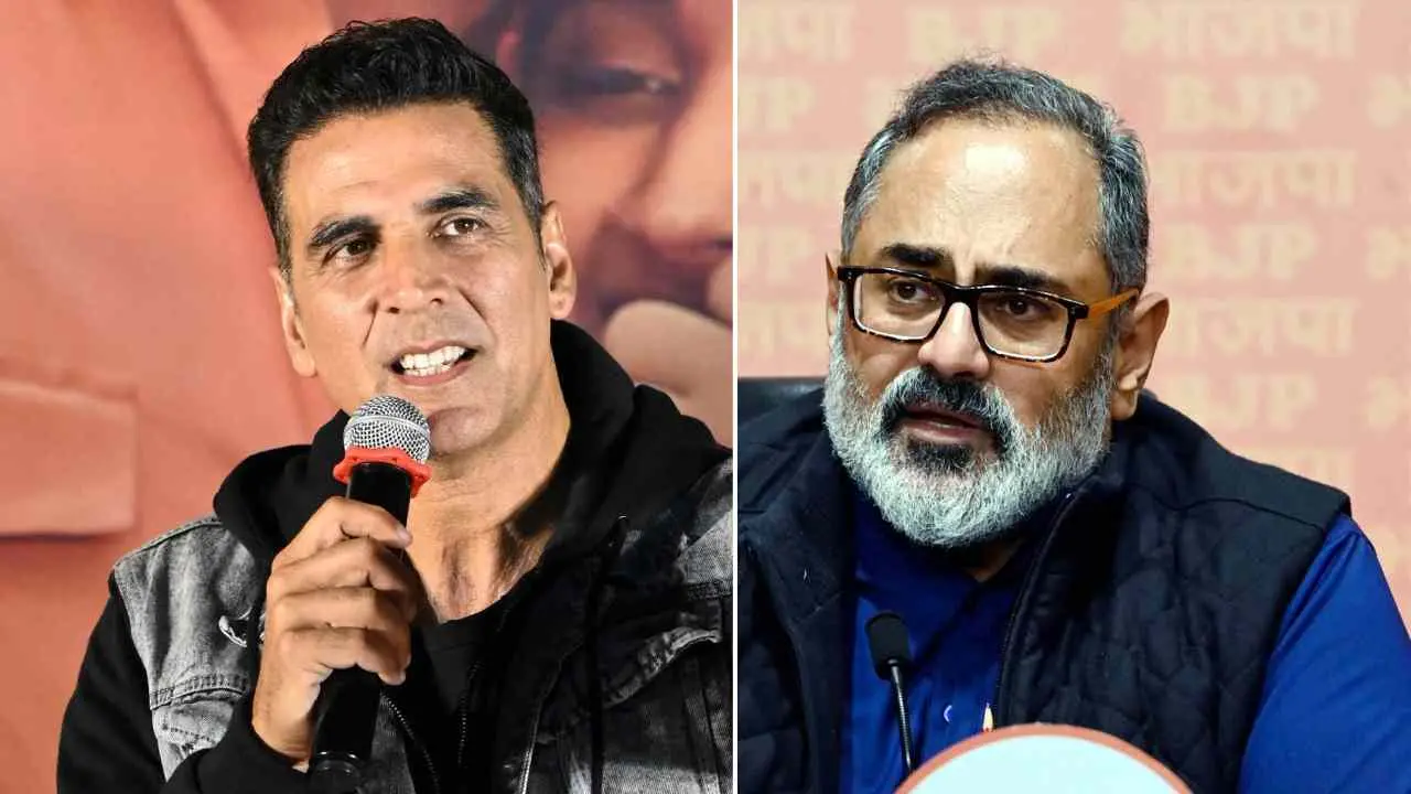 അക്ഷയ് കുമാര്‍, രാജീവ് ചന്ദ്രശേഖര്‍ | Photo - AFP, ANI