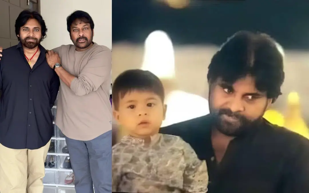 ചിരഞ്ജീവി പവന് കല്യാണിനൊപ്പം, പവന് കല്യാണ് മകന് മാര്ക് ശങ്കറിനൊപ്പം | Photo: X/ Chiranjeevi Konidela, File Photo: X/ Whynot Cinemas