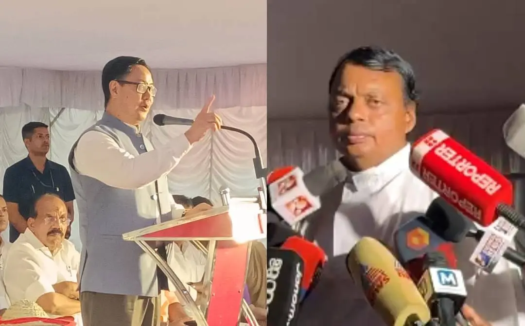 കേന്ദ്രമന്ത്രി കിരണ് റിജിജു മുനമ്പത്തെ ബഹുജന കൂട്ടായ്മ ഉദ്ഘാടനംചെയ്ത് സംസാരിക്കുന്നു(ഇടത്ത്) ഫാദര് ആന്റണി സേവ്യര് മാധ്യമങ്ങളോട് സംസാരിക്കുന്നു(വലത്ത്) | ഫോട്ടോ: മാതൃഭൂമി