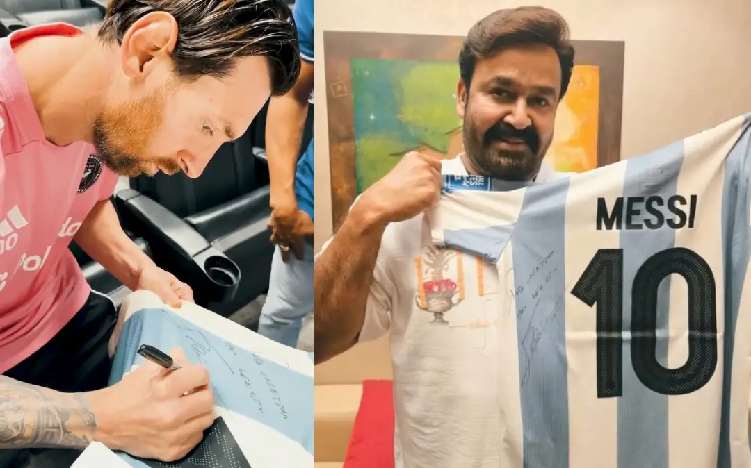 ജേഴ്സിയിൽ 'ഡിയർ ലാലേട്ടാ' എന്നെഴുതി ഒപ്പുവെക്കുന്ന ലയണൽ മെസി, മെസി ഒപ്പുവെച്ച ജേഴ്സിയുമായി മോഹൻലാൽ | Photos: Screen grabs from facebook.com/ActorMohanlal