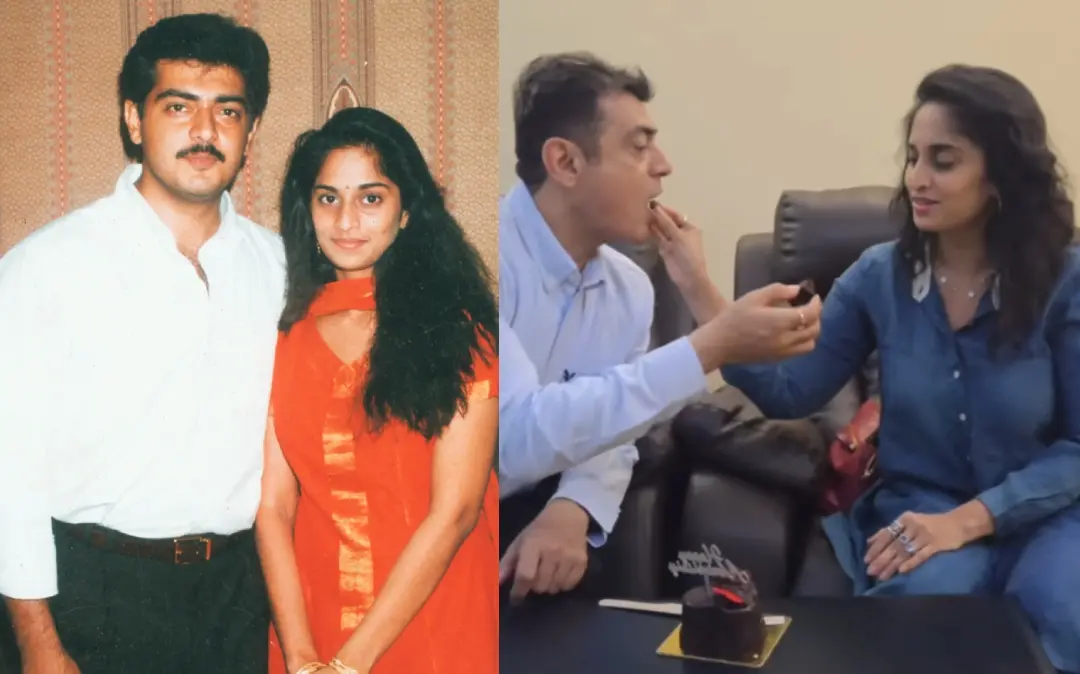 1. അജിത്തിന്റേയും ശാലിനിയുടേയും പഴയ ചിത്രം, 2. വിവാഹവാർഷിക ദിനത്തിൽ പരസ്പരം കേക്ക് നൽകുന്ന അജിത്തും ശാലിനിയും