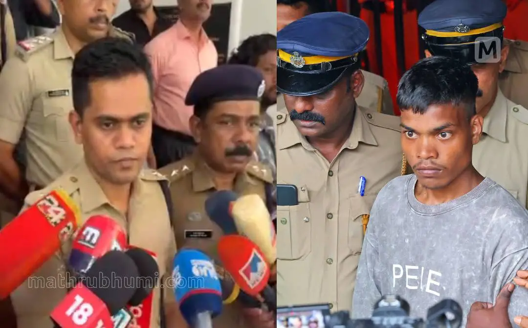 കോട്ടയം എസ്പി ഷാഹുല്ഹമീദ് മാധ്യമങ്ങളോട് സംസാരിക്കുന്നു(ഇടത്ത്) പ്രതി അമിത്ത് ഉറാങ്(വലത്ത്) | ഫോട്ടോ: അഭിലാഷ് ചിറക്കടവ്, ജി. ശിവപ്രസാദ് / മാതൃഭൂമി
