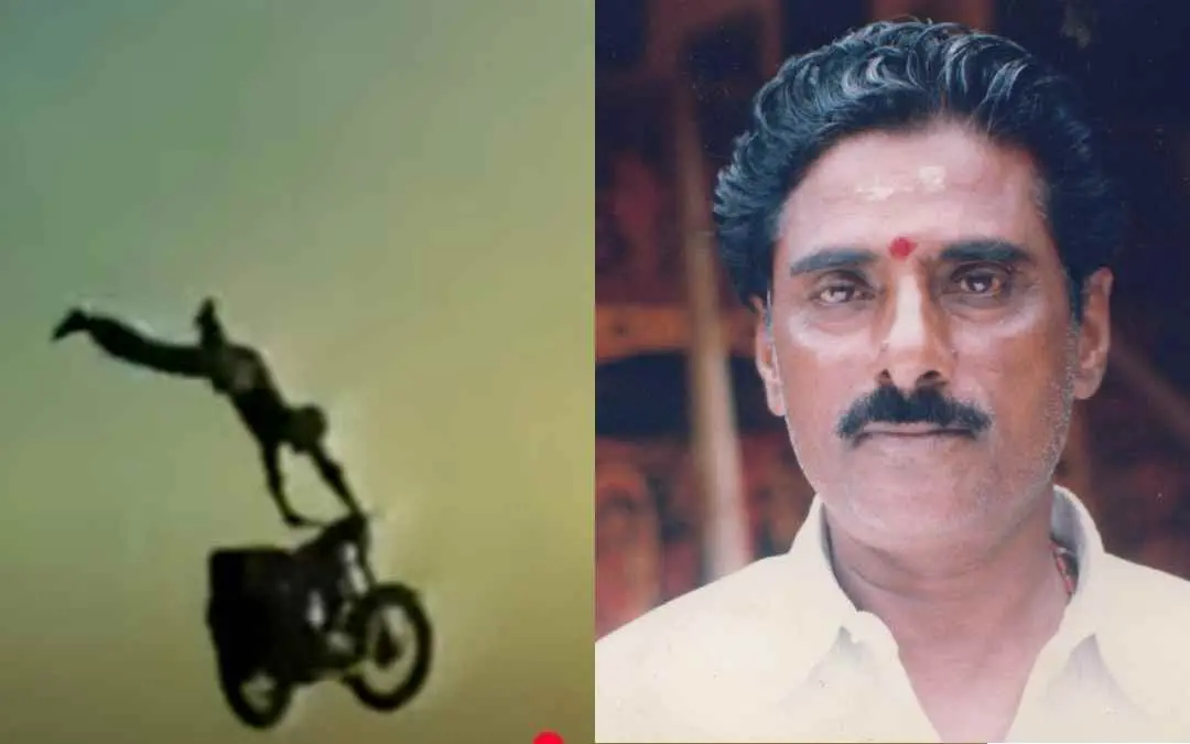 കാളിയിലെ ബൈക്ക് ചാട്ടം (ഇടത്ത്) ത്യാഗരാജൻ (വലത്ത്)