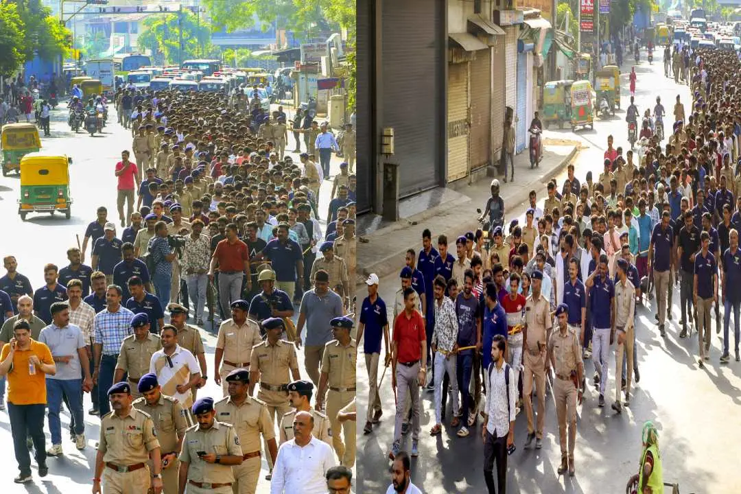 ഗുജറാത്ത് പോലീസിന്റെ റെയ്ഡില് പിടിയിലായ അനിധികൃതമായി താമസിക്കുന്ന ബംഗ്ലാദേശ് പൗരന്മാര് |ഫോട്ടോ:PTI