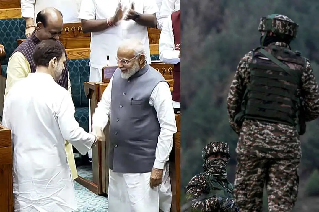 പ്രധാനമന്ത്രി നരേന്ദ്ര മോദിയും പ്രതിപക്ഷ നേതാവ് രാഹുല് ഗാന്ധിയും (ഫയല്), പഹല്ഗാമില് നിലയുറപ്പിച്ച സുരക്ഷാ ഉദ്യോഗസ്ഥര് |ഫോട്ടോ:PTI,AFP