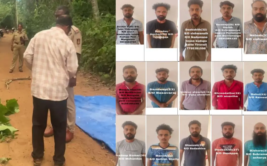 സംഭവസ്ഥലത്ത് പോലീസ് പരിശോധന നടത്തുന്നു(ഇടത്ത്) കേസില്‍ അറസ്റ്റിലായ പ്രതികള്‍(വലത്ത്)
