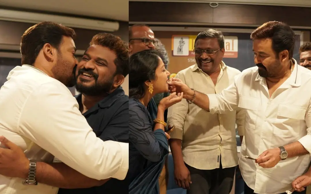 മോഹന്ലാലും തരുണ് മൂര്ത്തിയും, മോഹന്ലാല് ചിപ്പിക്ക് കെയ്ക്ക് നല്കുന്നു | Photo: Instagram/ Tharun Moorthy, M Renjith