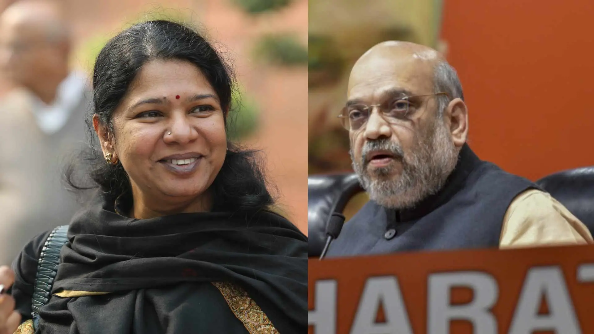 കനിമൊഴി എം.പി., ആഭ്യന്തരമന്ത്രി അമിത് ഷാ | Photo: മാതൃഭൂമി, PTI