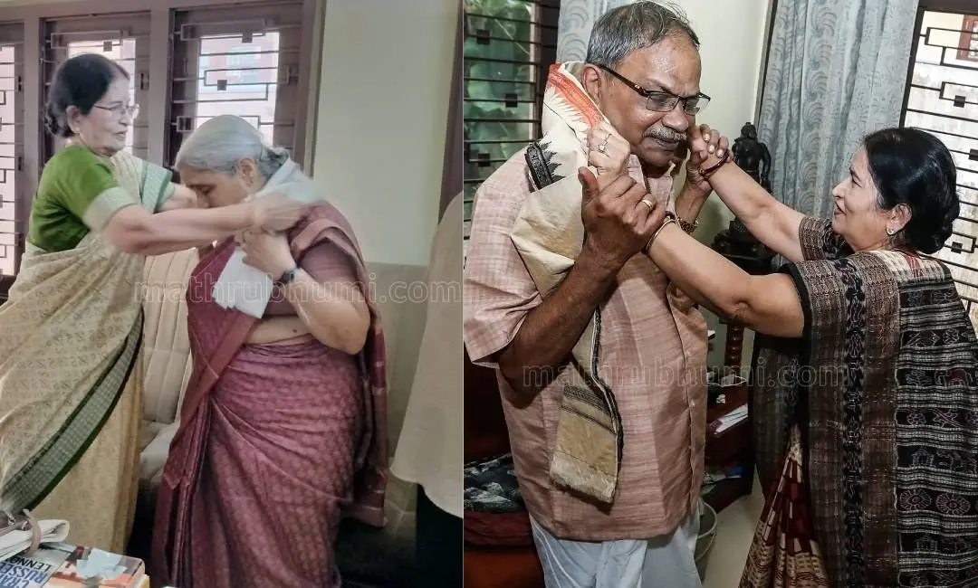 പ്രതിഭാ റായ് സരസ്വതി ടീച്ചറെ ഷാൾ അണിയിക്കുന്നു.എം.ടിയെ ആദരിക്കുന്ന പ്രതിഭാ റായ്(ഫയൽ ഫോട്ടോ)