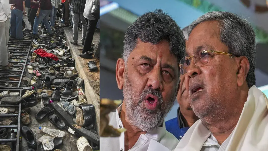 തിക്കിനുംതിരക്കിനും പിന്നാലെ ചിന്നസ്വാമി സ്റ്റേഡിയത്തിന് പുറത്തു അനാഥമായി കിടന്ന ചെരിപ്പുകള്, മുഖ്യമന്ത്രി സിദ്ധരാമയ്യയും ഉപമുഖ്യമന്ത്രി ഡി.കെ. ശിവകുമാറും | Photo: PTI