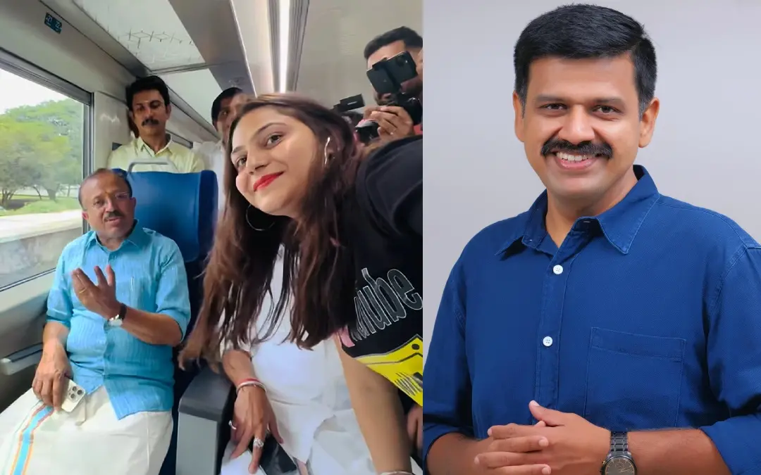 കേന്ദ്രമന്ത്രിയായിരുന്ന വി. മുരളീധരനൊപ്പം ജ്യോതി മല്ഹോത്ര, സന്ദീപ് വാര്യര് | Photo: Screengrab/ youtube.com/@TravelwithJo, facebook.com/Sandeepvarierinc