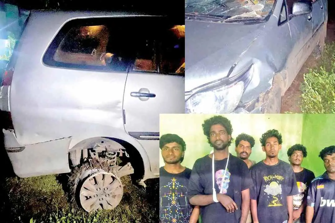 കാറിന്റെ പിന്നിലെ ചക്രം പൊട്ടിത്തെറിച്ചനിലയിൽ , പിടിയിലായവർ സഞ്ചരിച്ച കാർ, അറസ്റ്റിലായ ആദർശ്, അഖിൽ, പ്രവീൺ, സൂരജ്, നിയാസ്, സഞ്ജയ് എന്നിവർ