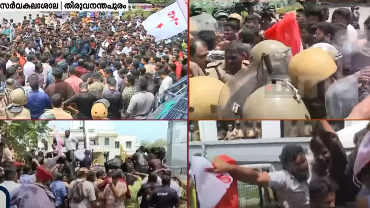 കേരള സർവകലാശാലയിലെ സംഘർഷം (image: mbtv screengrab)
