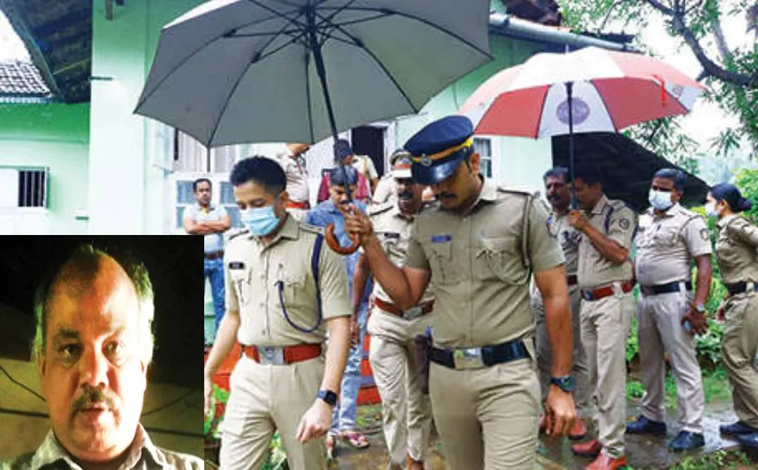സുരക്ഷാജീവനക്കാരനെ മരിച്ച നിലയില് കണ്ടെത്തിയതിനെത്തുടര്ന്ന് ജില്ലാ പോലീസ് മേധാവി അജിത് കുമാറിന്റെ നേതൃത്വത്തില് പോലീസ് പരിശോധനയ്ക്കെത്തിയപ്പോള്. ഇന്സെറ്റില് മരിച്ച മുരുകേശന്