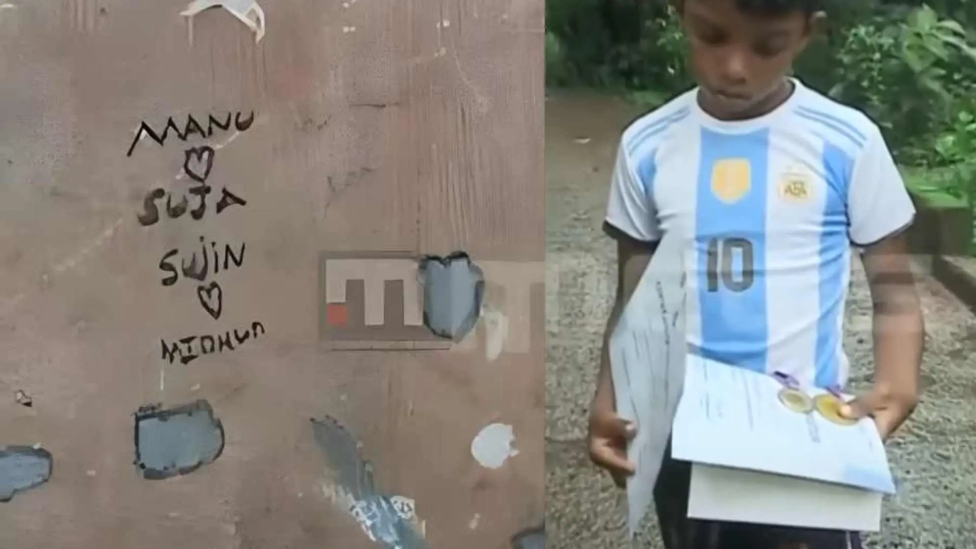 മിഥുന്റെ വീട്ടിലെ ചുമരിൽ കോറിയിട്ട വരികൾ, മിഥുന് ലഭിച്ച സർട്ടിഫിക്കറ്റും മെഡലുകളുമായി സഹോദരൻ | Photo: Screengrab/ Mathrubhumi News