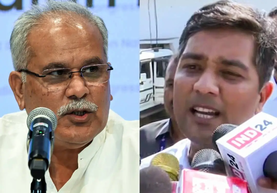 ഭൂപേഷ് ബഘേൽ, ചെെതന്യ ബഘേൽ | Photo: ANI