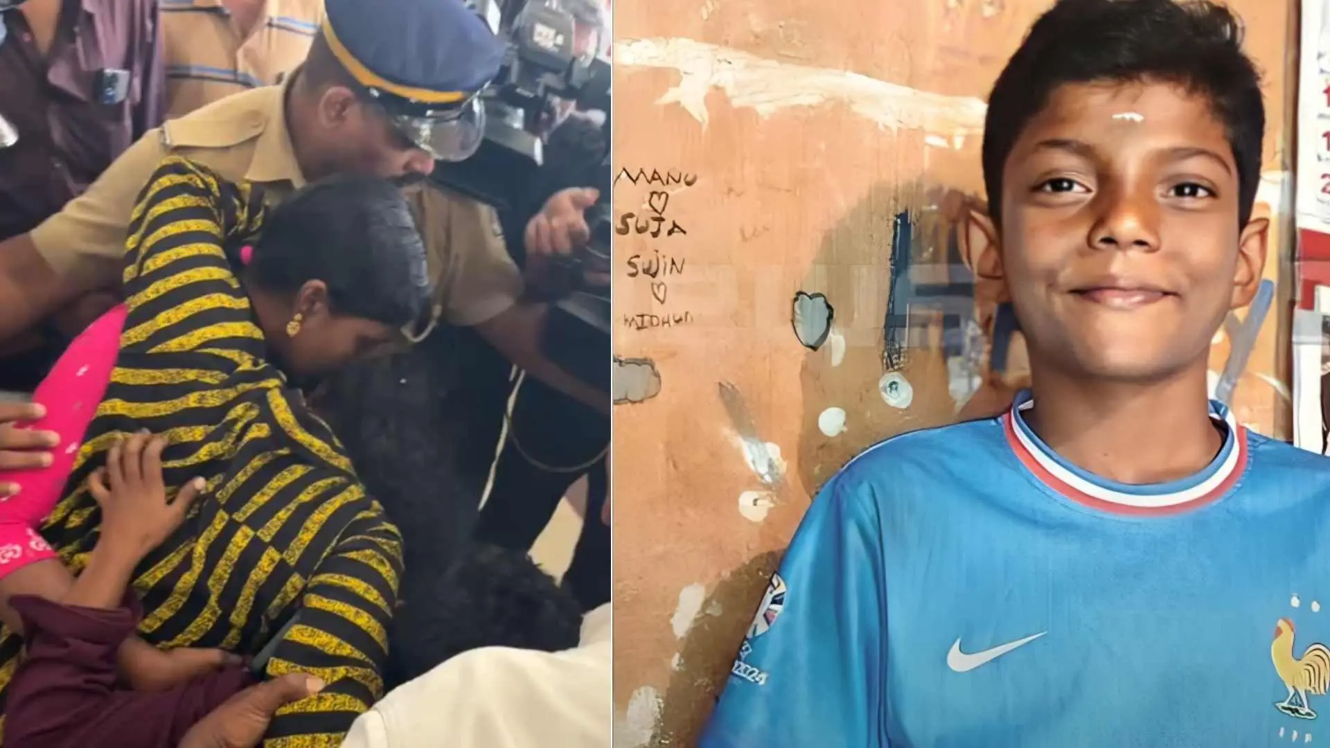 മിഥുന്റെ മാതാവ് കൊച്ചി വിമാനത്താവളത്തിൽ എത്തിയപ്പോൾ, ഷോക്കേറ്റ് മരിച്ച മിഥുൻ | Photo: Screengrab/ Mathrubhumi News