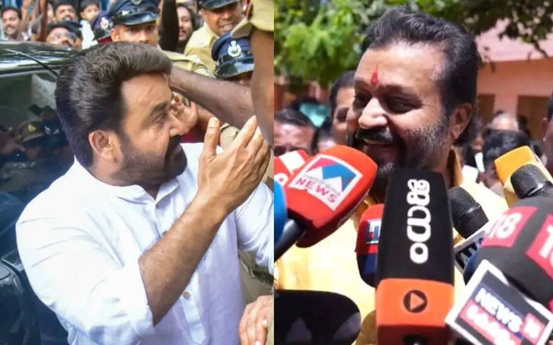മോഹന്ലാലിന്റെ കണ്ണില് മൈക്ക് തട്ടിയപ്പോള്, സുരേഷ് ഗോപി | Photo: Special Arrangement