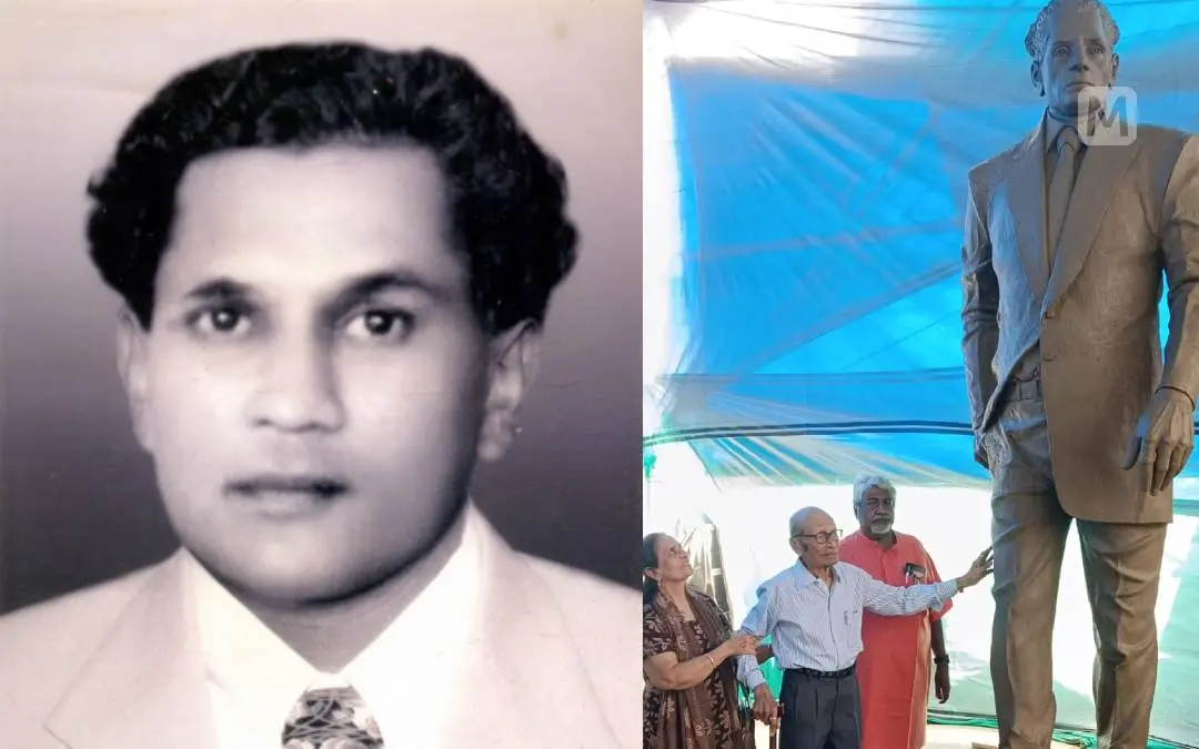 ജെ.സി. ഡാനിയേല്, ജെ.സി. ഡാനിയേലിന്റെ ഒന്നാംഘട്ടം പൂർത്തിയായ പ്രതിമയ്ക്കരികിൽ മകൻ ഹാരിസ് ഡാനിയേലും ശില്പി കുന്നുവിള മുരളിയും | photo: Mathrubhumi