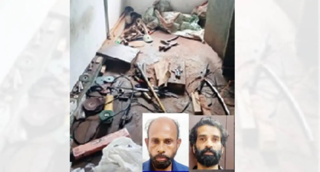 അറസ്റ്റിലായ സന്തോഷ് വിജയന്, പി.ജെ ഷാജി/ കഴിഞ്ഞദിവസം രാജപുരം കോട്ടക്കുന്നില് കള്ളത്തോക്ക് പിടികൂടിയ വാടകവീട്ടില് കണ്ടെത്തിയ പാതി പൂര്ത്തിയായ തോക്കും നിര്മാണസാമഗ്രികളും.|photo: print