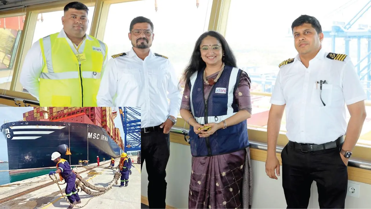 വിഴിഞ്ഞം തുറമുഖത്ത് അടുത്ത ഐറിനയിലെ കപ്പിത്താന്‍ വില്ലി ആന്റണിയെ വിസില്‍ എംഡി ഡോ. ദിവ്യ എസ്. അയ്യര്‍ സ്വാഗതം ചെയ്തപ്പോള്‍. ഇന്‍സൈറ്റില്‍ ഐറിന എന്ന ചരക്കുകപ്പലിനെ ബൊള്ളാര്‍ഡുകളില്‍ മൂറിങ് സംഘം കെട്ടിനിര്‍ത്തുന്നു.