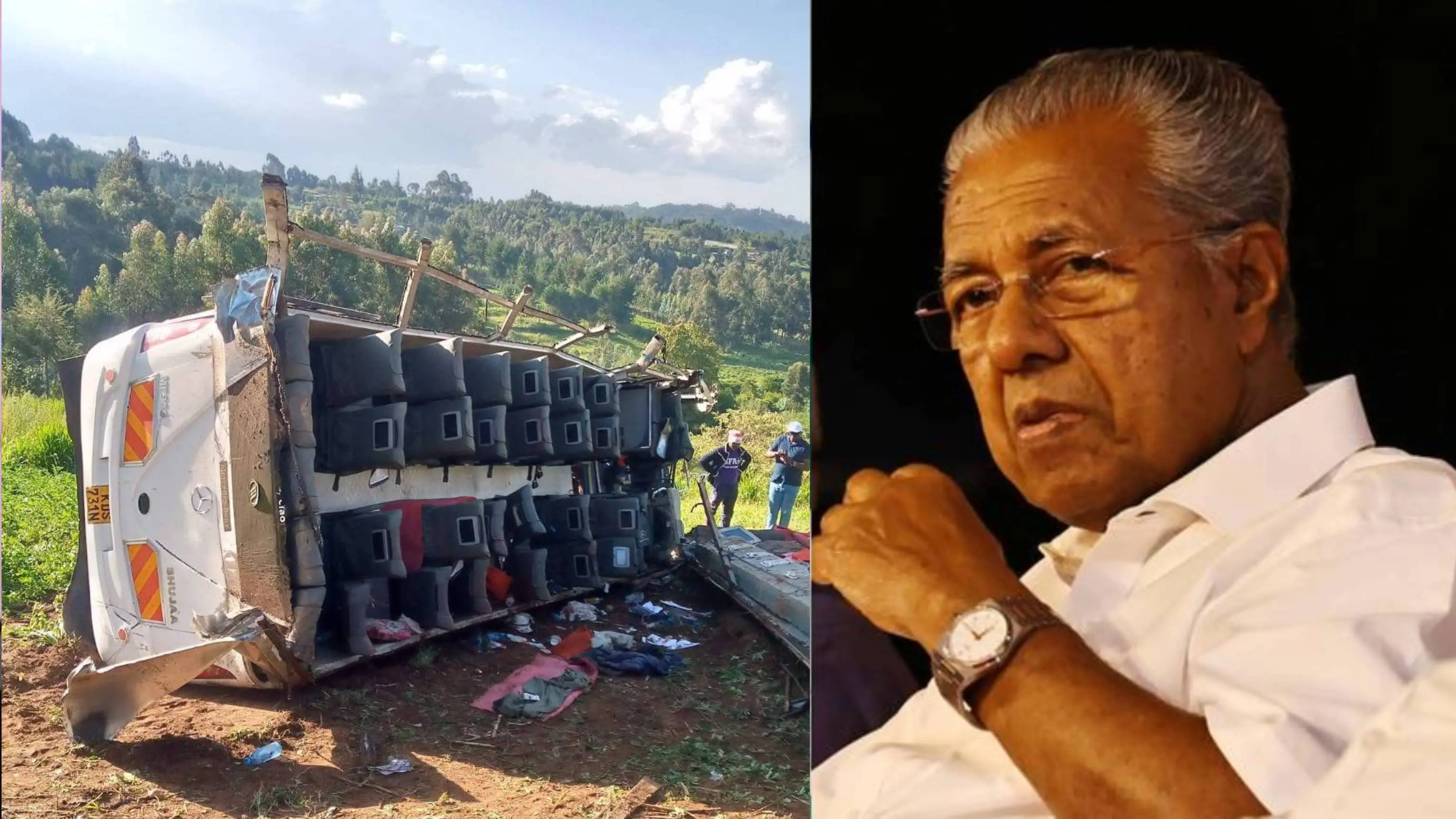 അപകടത്തിൽപ്പെട്ട ബസ്, പിണറായി വിജയൻ | Photo: https://x.com/AdamMaina_ , Mathrubhumi